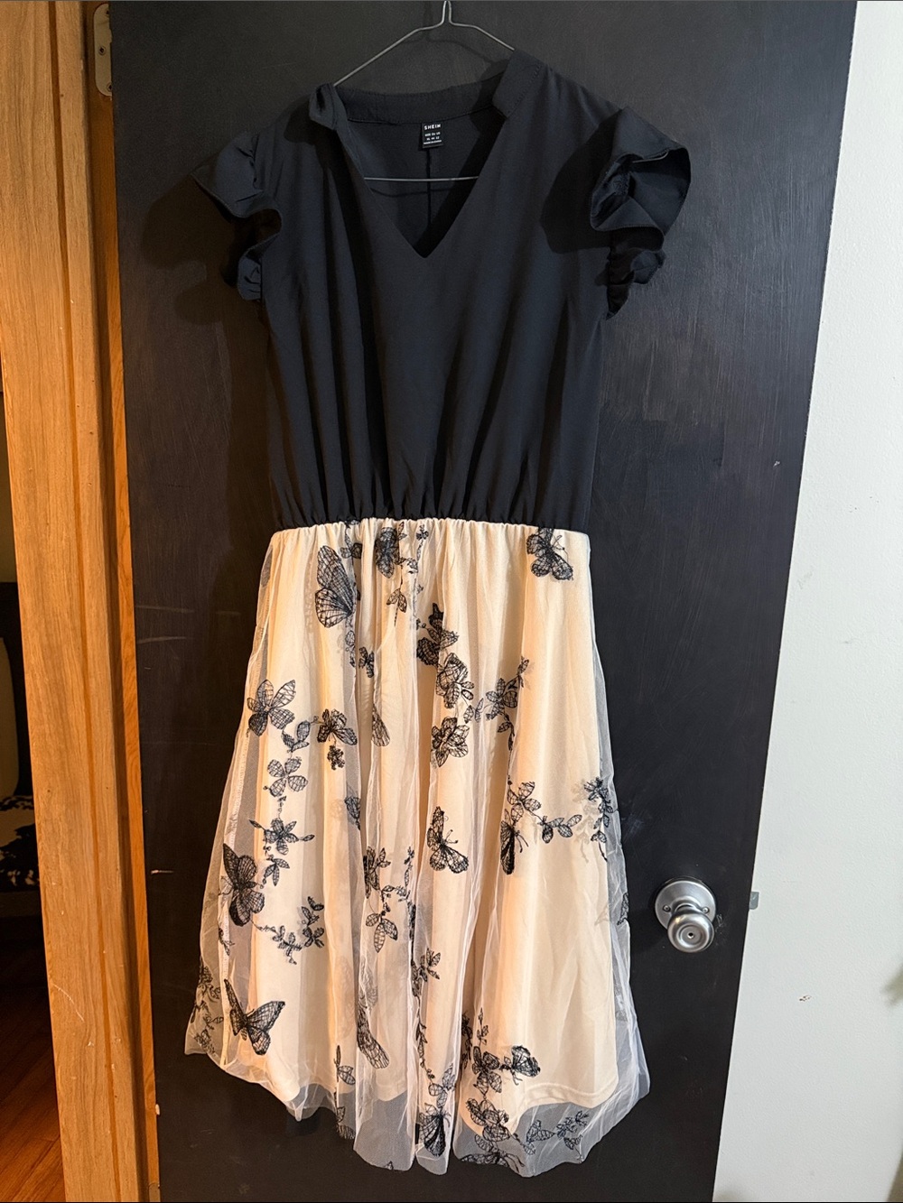 SHEIN Black Top Cream Tulle Midi Dress with Black Butterfly Embroidery